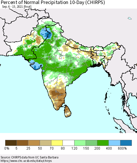 Southern Asia Percent of Normal Precipitation 10-Day (CHIRPS) Thematic Map For 9/6/2021 - 9/15/2021