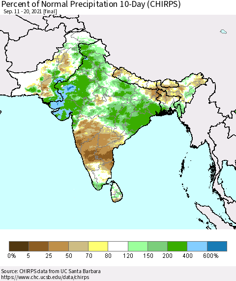 Southern Asia Percent of Normal Precipitation 10-Day (CHIRPS) Thematic Map For 9/11/2021 - 9/20/2021