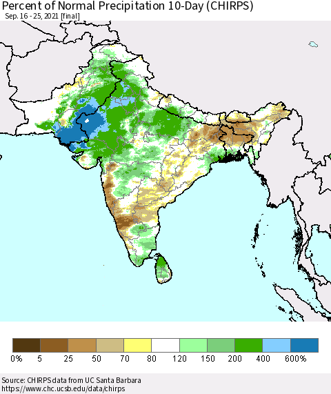 Southern Asia Percent of Normal Precipitation 10-Day (CHIRPS) Thematic Map For 9/16/2021 - 9/25/2021