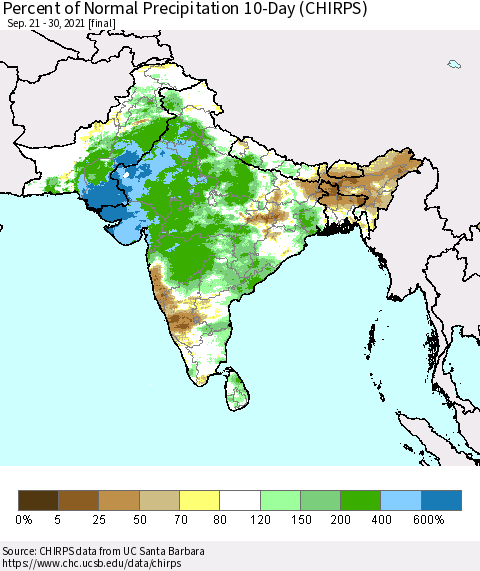 Southern Asia Percent of Normal Precipitation 10-Day (CHIRPS) Thematic Map For 9/21/2021 - 9/30/2021