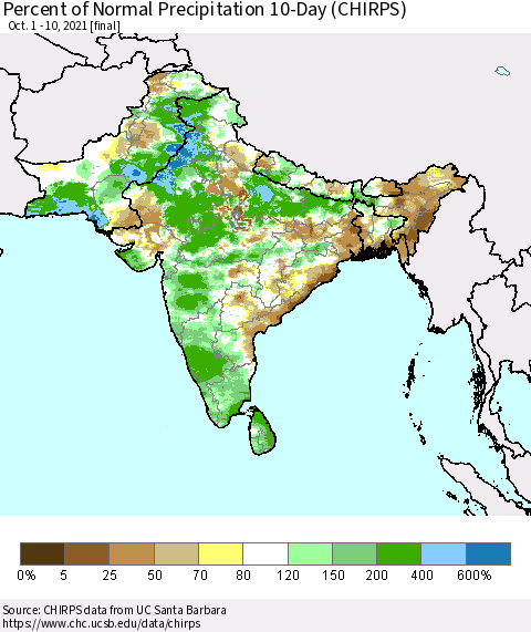 Southern Asia Percent of Normal Precipitation 10-Day (CHIRPS) Thematic Map For 10/1/2021 - 10/10/2021