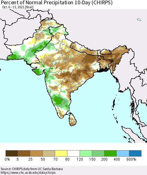 Southern Asia Percent of Normal Precipitation 10-Day (CHIRPS) Thematic Map For 10/6/2021 - 10/15/2021