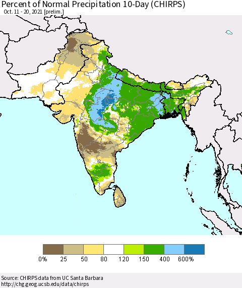 Southern Asia Percent of Normal Precipitation 10-Day (CHIRPS) Thematic Map For 10/11/2021 - 10/20/2021