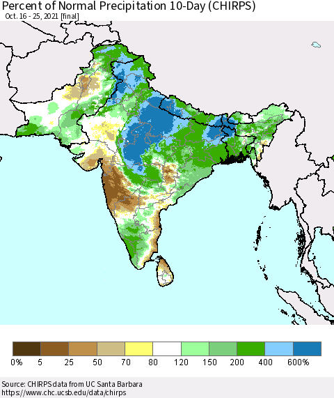Southern Asia Percent of Normal Precipitation 10-Day (CHIRPS) Thematic Map For 10/16/2021 - 10/25/2021