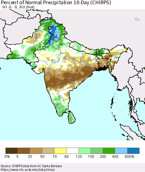 Southern Asia Percent of Normal Precipitation 10-Day (CHIRPS) Thematic Map For 10/21/2021 - 10/31/2021