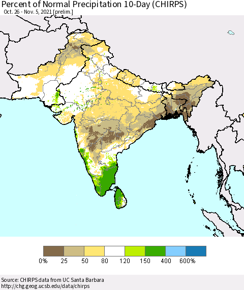 Southern Asia Percent of Normal Precipitation 10-Day (CHIRPS) Thematic Map For 10/26/2021 - 11/5/2021