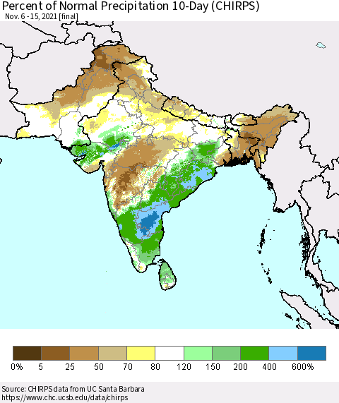 Southern Asia Percent of Normal Precipitation 10-Day (CHIRPS) Thematic Map For 11/6/2021 - 11/15/2021