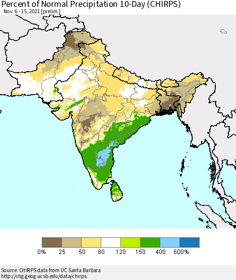 Southern Asia Percent of Normal Precipitation 10-Day (CHIRPS) Thematic Map For 11/6/2021 - 11/15/2021