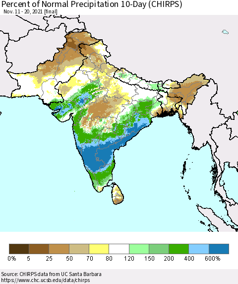 Southern Asia Percent of Normal Precipitation 10-Day (CHIRPS) Thematic Map For 11/11/2021 - 11/20/2021
