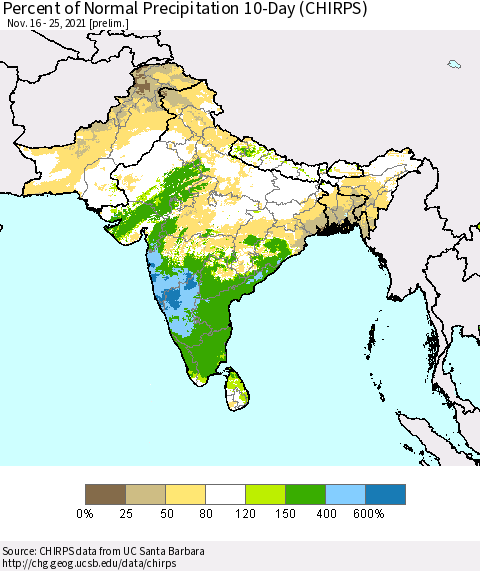 Southern Asia Percent of Normal Precipitation 10-Day (CHIRPS) Thematic Map For 11/16/2021 - 11/25/2021