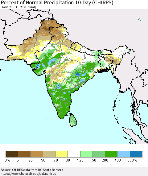 Southern Asia Percent of Normal Precipitation 10-Day (CHIRPS) Thematic Map For 11/21/2021 - 11/30/2021