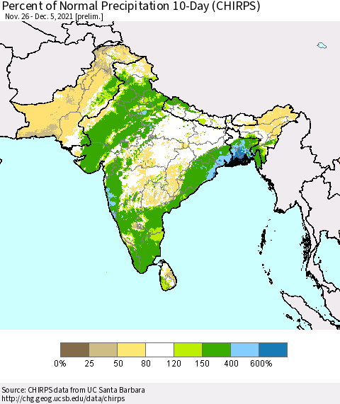 Southern Asia Percent of Normal Precipitation 10-Day (CHIRPS) Thematic Map For 11/26/2021 - 12/5/2021