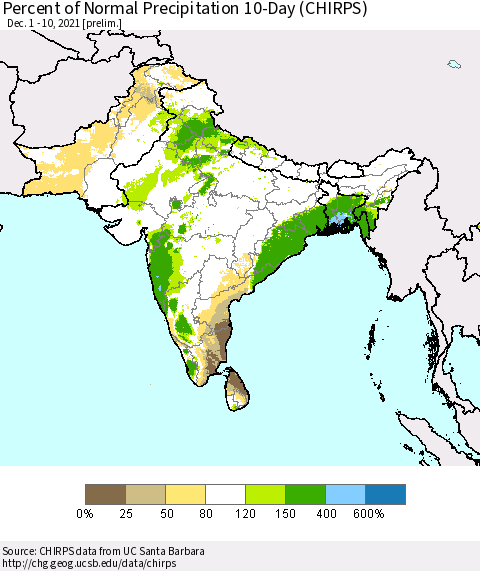 Southern Asia Percent of Normal Precipitation 10-Day (CHIRPS) Thematic Map For 12/1/2021 - 12/10/2021