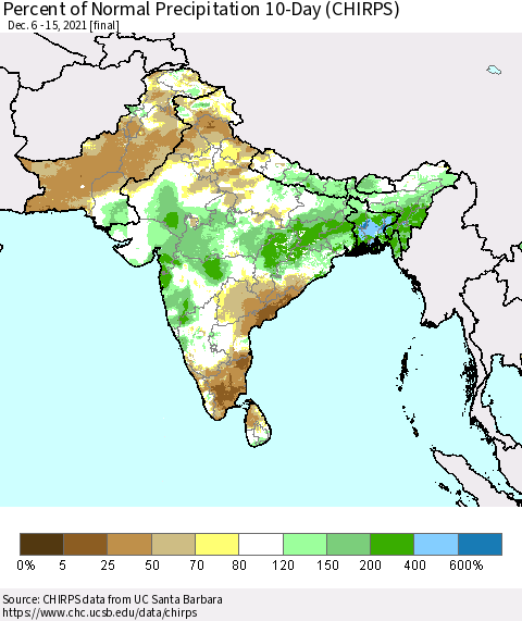 Southern Asia Percent of Normal Precipitation 10-Day (CHIRPS) Thematic Map For 12/6/2021 - 12/15/2021