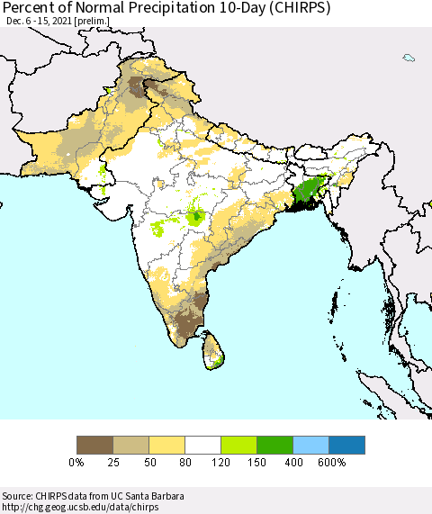 Southern Asia Percent of Normal Precipitation 10-Day (CHIRPS) Thematic Map For 12/6/2021 - 12/15/2021