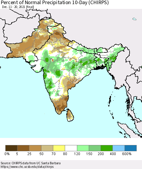 Southern Asia Percent of Normal Precipitation 10-Day (CHIRPS) Thematic Map For 12/11/2021 - 12/20/2021
