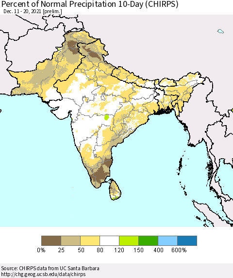 Southern Asia Percent of Normal Precipitation 10-Day (CHIRPS) Thematic Map For 12/11/2021 - 12/20/2021