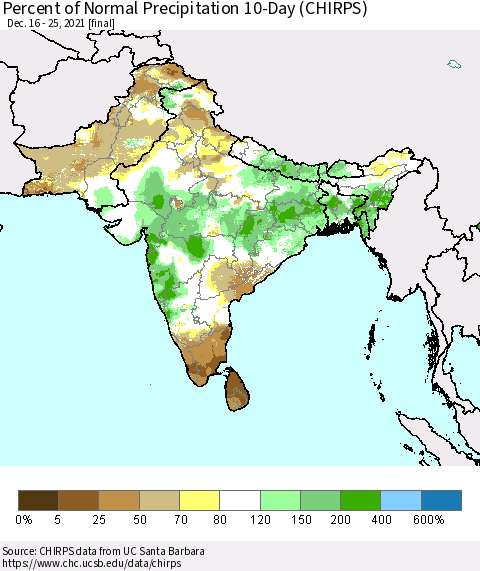 Southern Asia Percent of Normal Precipitation 10-Day (CHIRPS) Thematic Map For 12/16/2021 - 12/25/2021