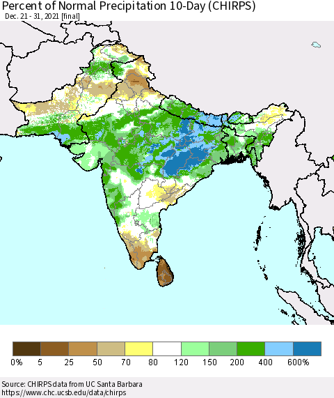 Southern Asia Percent of Normal Precipitation 10-Day (CHIRPS) Thematic Map For 12/21/2021 - 12/31/2021