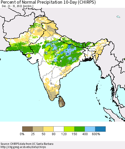 Southern Asia Percent of Normal Precipitation 10-Day (CHIRPS) Thematic Map For 12/21/2021 - 12/31/2021