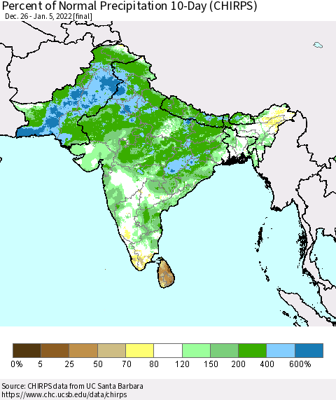 Southern Asia Percent of Normal Precipitation 10-Day (CHIRPS) Thematic Map For 12/26/2021 - 1/5/2022
