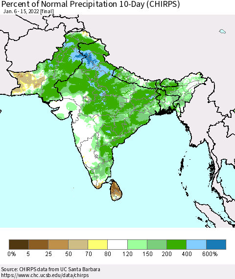 Southern Asia Percent of Normal Precipitation 10-Day (CHIRPS) Thematic Map For 1/6/2022 - 1/15/2022