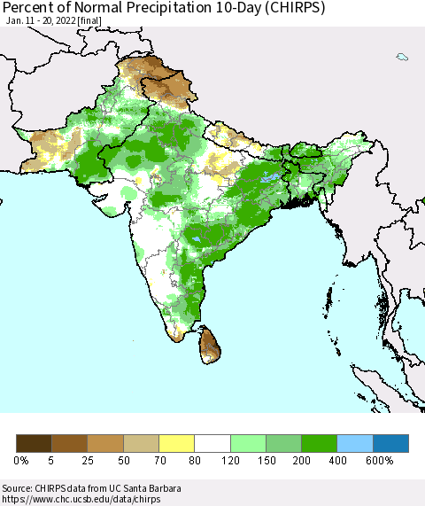 Southern Asia Percent of Normal Precipitation 10-Day (CHIRPS) Thematic Map For 1/11/2022 - 1/20/2022