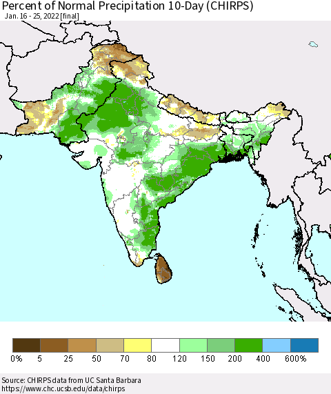 Southern Asia Percent of Normal Precipitation 10-Day (CHIRPS) Thematic Map For 1/16/2022 - 1/25/2022