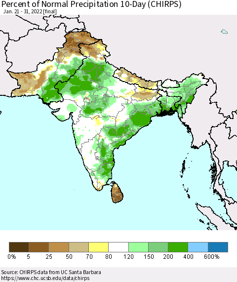 Southern Asia Percent of Normal Precipitation 10-Day (CHIRPS) Thematic Map For 1/21/2022 - 1/31/2022