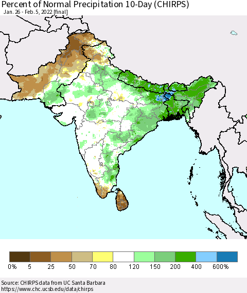 Southern Asia Percent of Normal Precipitation 10-Day (CHIRPS) Thematic Map For 1/26/2022 - 2/5/2022