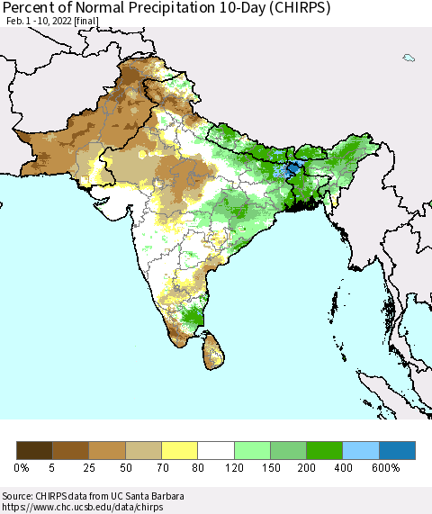 Southern Asia Percent of Normal Precipitation 10-Day (CHIRPS) Thematic Map For 2/1/2022 - 2/10/2022