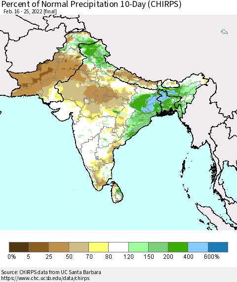 Southern Asia Percent of Normal Precipitation 10-Day (CHIRPS) Thematic Map For 2/16/2022 - 2/25/2022