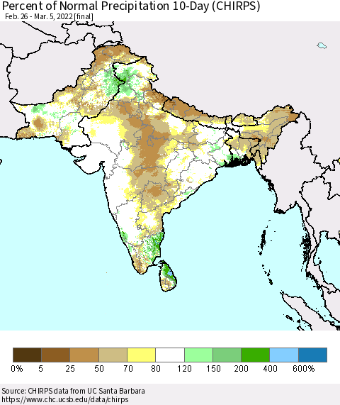 Southern Asia Percent of Normal Precipitation 10-Day (CHIRPS) Thematic Map For 2/26/2022 - 3/5/2022