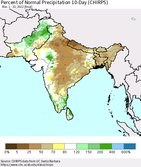 Southern Asia Percent of Normal Precipitation 10-Day (CHIRPS) Thematic Map For 3/1/2022 - 3/10/2022