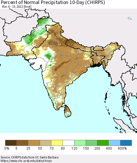 Southern Asia Percent of Normal Precipitation 10-Day (CHIRPS) Thematic Map For 3/6/2022 - 3/15/2022