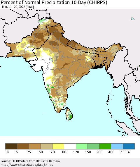 Southern Asia Percent of Normal Precipitation 10-Day (CHIRPS) Thematic Map For 3/11/2022 - 3/20/2022