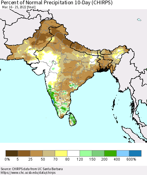 Southern Asia Percent of Normal Precipitation 10-Day (CHIRPS) Thematic Map For 3/16/2022 - 3/25/2022