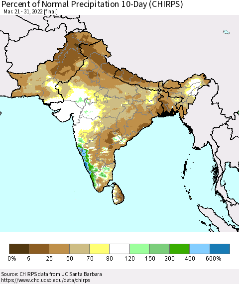 Southern Asia Percent of Normal Precipitation 10-Day (CHIRPS) Thematic Map For 3/21/2022 - 3/31/2022