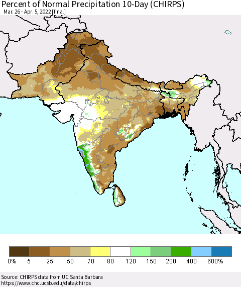 Southern Asia Percent of Normal Precipitation 10-Day (CHIRPS) Thematic Map For 3/26/2022 - 4/5/2022