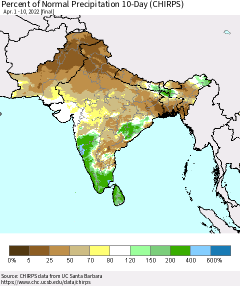 Southern Asia Percent of Normal Precipitation 10-Day (CHIRPS) Thematic Map For 4/1/2022 - 4/10/2022