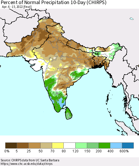 Southern Asia Percent of Normal Precipitation 10-Day (CHIRPS) Thematic Map For 4/6/2022 - 4/15/2022