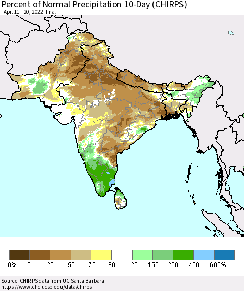Southern Asia Percent of Normal Precipitation 10-Day (CHIRPS) Thematic Map For 4/11/2022 - 4/20/2022