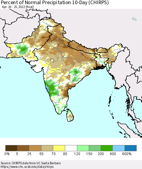 Southern Asia Percent of Normal Precipitation 10-Day (CHIRPS) Thematic Map For 4/16/2022 - 4/25/2022