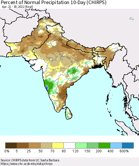 Southern Asia Percent of Normal Precipitation 10-Day (CHIRPS) Thematic Map For 4/21/2022 - 4/30/2022