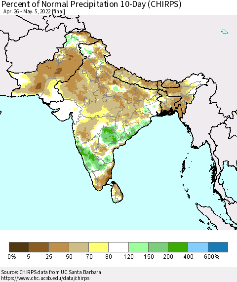 Southern Asia Percent of Normal Precipitation 10-Day (CHIRPS) Thematic Map For 4/26/2022 - 5/5/2022