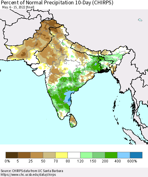 Southern Asia Percent of Normal Precipitation 10-Day (CHIRPS) Thematic Map For 5/6/2022 - 5/15/2022