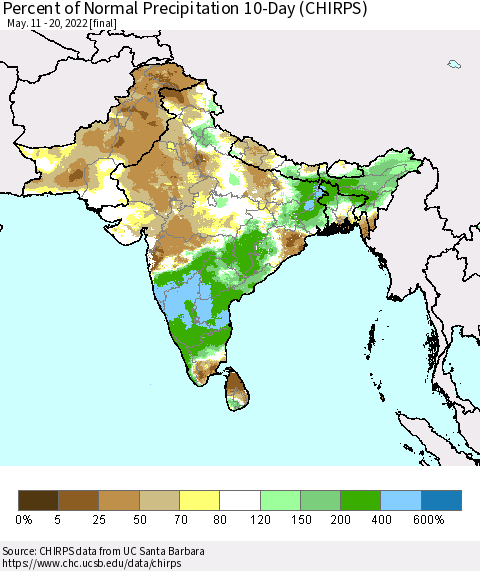 Southern Asia Percent of Normal Precipitation 10-Day (CHIRPS) Thematic Map For 5/11/2022 - 5/20/2022