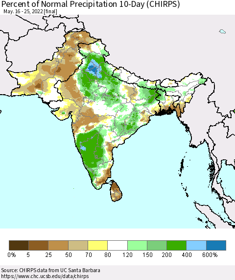 Southern Asia Percent of Normal Precipitation 10-Day (CHIRPS) Thematic Map For 5/16/2022 - 5/25/2022