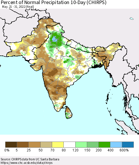 Southern Asia Percent of Normal Precipitation 10-Day (CHIRPS) Thematic Map For 5/21/2022 - 5/31/2022