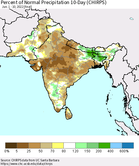 Southern Asia Percent of Normal Precipitation 10-Day (CHIRPS) Thematic Map For 6/1/2022 - 6/10/2022